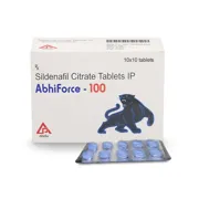 Abhiforce 100 Mg Tablets Box/Carton + Blister Pack showing the Front face.