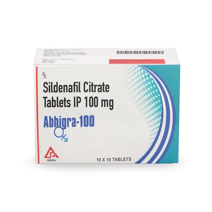 Abhigra 100 Mg Tablets Box/Carton showing the Front face.