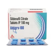 Abhigra 100 Mg Tablets Box/Carton + Blister Pack showing the Front face.