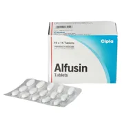 Alfusin 10 Mg Box/Carton + Blister Pack showing the Front face.