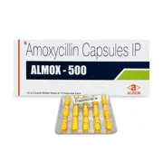 Almox 500 Mg Capsule Box/Carton + Blister Pack showing the Front face.