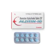 Alzitin 10 Mg Tablet Box/Carton + Blister Pack showing the Front face.