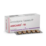 Amcard 10 Tablet Box/Carton + Blister Pack showing the Front face.