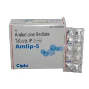 Amlip 5 Mg Box/Carton + Blister Pack showing the Front face.