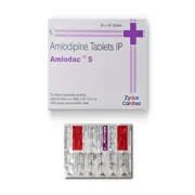 Amlodac 5 Tablet Box/Carton + Blister Pack showing the Front face.