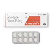 Amlopin 5 Tablet Box/Carton + Blister Pack showing the Front face.
