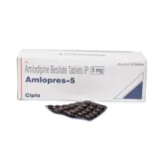 Amlopres 5 Mg Box/Carton + Blister Pack showing the Front face.