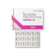 Amtas 10 Tablet Box/Carton + Blister Pack showing the Front face.