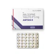 Amtas 5 Tablet Box/Carton + Blister Pack showing the Front face.