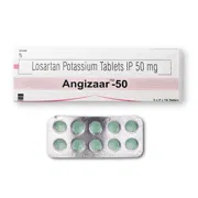 Angizaar 50 Tablet Box/Carton + Blister Pack showing the Front face.