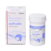 Asthalin Rotacaps 200 Mcg Box/Carton + Bottle showing the Front face.