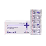 Atorva 5 Mg Box/Carton + Blister Pack showing the Front face.