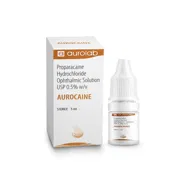 Aurocaine 5 ml Box/Carton + Eye Drops Bottle showing the Front face.