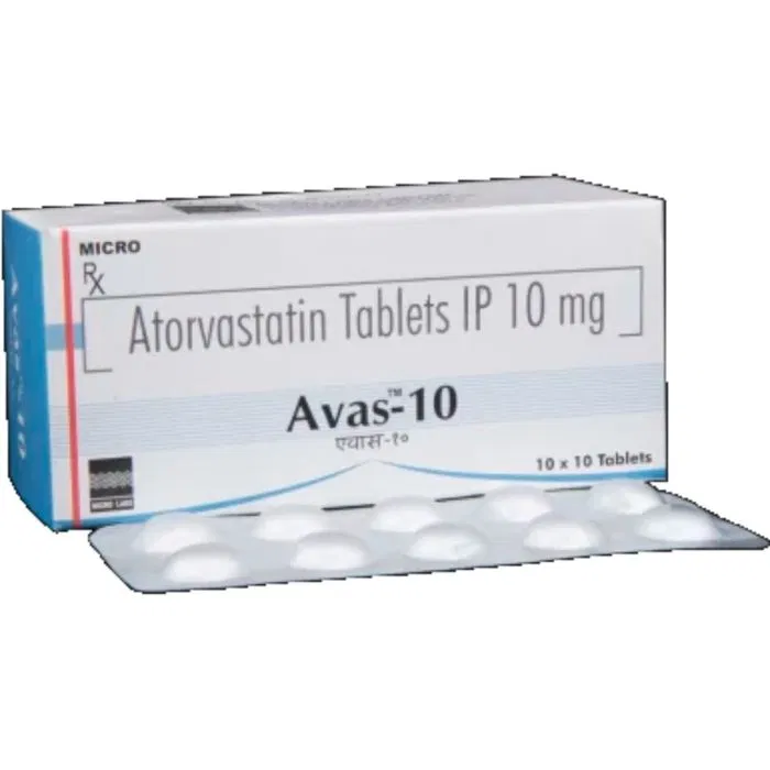 Avas 10 Tablet Box/Carton + Blister Pack showing the Front face.