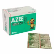 Azee DT 100 Mg Box/Carton + Blister Pack showing the Front face.