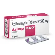 Azicip 500 Mg Tablet Box/Carton + Blister Pack showing the Front face.