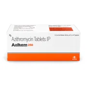 Azikem 250 Mg Tablet Box/Carton + Blister Pack showing the Front face.