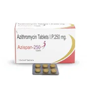 Azispan 250 Mg Tablet Box/Carton + Blister Pack showing the Front face.