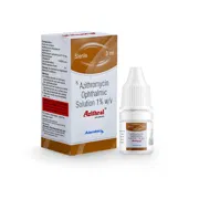 Azithral 3 ml Box/Carton + Eye Drops Bottle showing the Front face.
