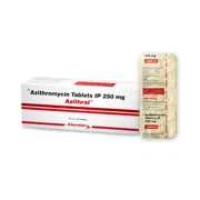 Azithro 250 Mg Tablet Box/Carton + Blister Pack showing the Front face.