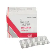 Baclof 25 Mg Box/Carton + Blister Pack showing the Front and Back face.