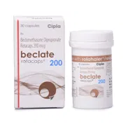 Beclate Rotacaps 200 Mcg Box/Carton + Bottle showing the Front face.