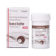 Beclate Rotacaps 400 Mcg Box/Carton + Bottle showing the Front face.