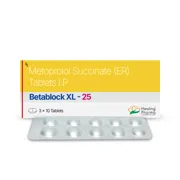 Betablock XL 25 Tablet Box/Carton + Blister Pack showing the Front face.