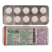 Betacap 20 Tablet Blister Pack showing the Front and Back face.