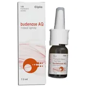 Budenase AQ 100 Mcg Nasal Spray Box/Carton + Eye Drops Bottle showing the Front face.