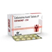 Cefakind 250 Tablet Box/Carton + Blister Pack showing the Front face.