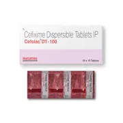 Cefolac DT-100 Tablet Box/Carton + Blister Pack showing the Front face.
