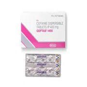 Ceftas 400 Tablet DT Box/Carton + Blister Pack showing the Front face.