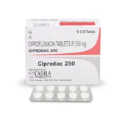 Ciprodac 250 Tablet Box/Carton + Blister Pack showing the Front face.