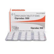 Ciprodac 500 Tablet Box/Carton + Blister Pack showing the Front face.