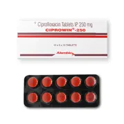 Ciprowin 250 Mg Tablet Box/Carton + Blister Pack showing the Front face.