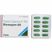 Danogen 50 Mg Box/Carton + Blister Pack showing the Front face.