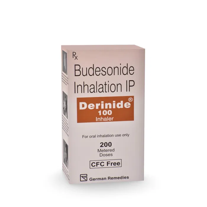 Derinide 100 Inhaler CFC Free Box/Carton showing the Front face.
