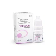 Diflucor 5 ml Eye Drops Bottle + Box/Carton showing the Front face.