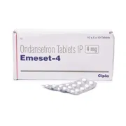 Emeset 4 Mg Box/Carton + Blister Pack showing the Front face.