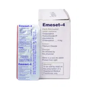 Emeset 4 Mg Box/Carton + Blister Pack showing the Front/Back face.