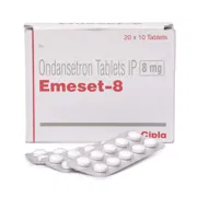 Emeset 8 Mg Box/Carton + Blister Pack showing the Front face.