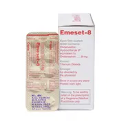 Emeset 8 Mg Box/Carton + Blister Pack showing the Front face.