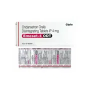 Emeset Odt 4 Mg Tablet Box/Carton + Blister Pack showing the Front face.