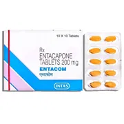 Entacom 200 Mg Box/Carton + Blister Pack showing the Front face.