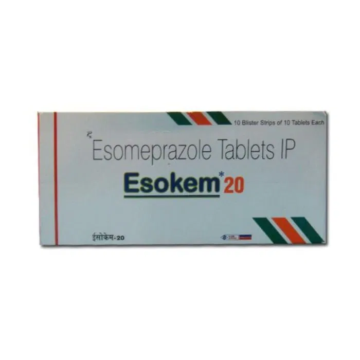 Esokem 20 Mg Tablet Box/Carton + Blister Pack showing the Front face.