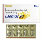 Esomac 20 Mg Tablet Box/Carton + Blister Pack showing the Front face.