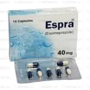 Espra 40 Mg Tablet Box/Carton + Blister Pack showing the Front face.
