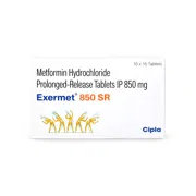 Exermet 850 Mg Tablet SR Box/Carton showing the Front face