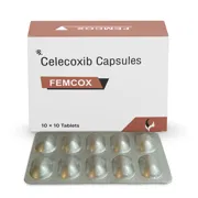 Femcox 200 mg Capsule Box/Carton + Blister Pack showing the Front face.
